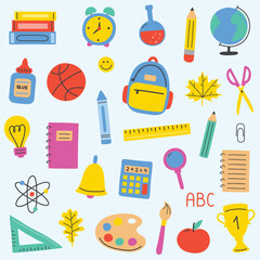 Collection of a cartoon icons. Back to School design. Vector illustration