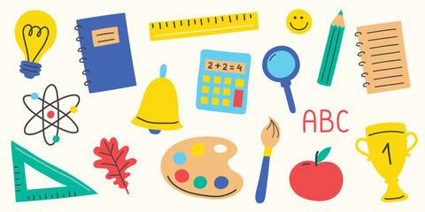 Collection of a cartoon icons. Back to School design. Vector illustration