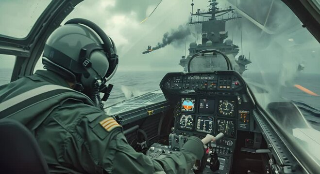 Pilot In Cockpit With Aircraft Carrier In Background