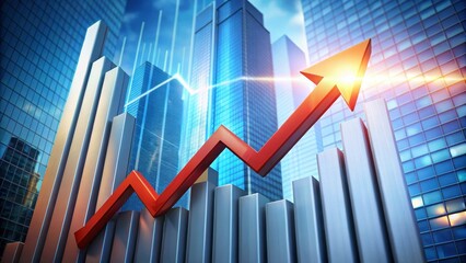 Red arrow is going up over a bar chart, showing economic growth in a modern city
