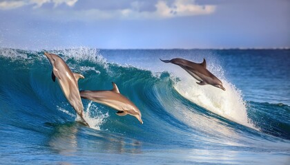 Fototapeta premium Playful dolphins jumping over breaking waves. Hawaii Pacific Ocean wildlife scenery. Marine 