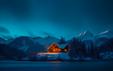 Stunning winter landscape: a lonely hunting lodge glows with warm windows on the shore of a...