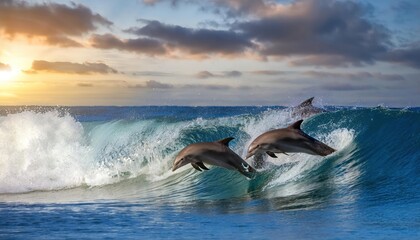 Fototapeta premium Playful dolphins jumping over breaking waves. Hawaii Pacific Ocean wildlife scenery. Marine 
