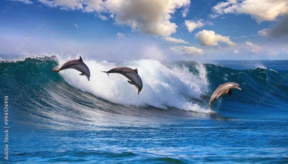 Wall mural Playful dolphins jumping over breaking waves. Hawaii Pacific Ocean wildlife scenery. Marine 