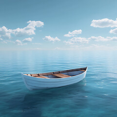 Naklejka premium An Isolated Boat Gently Floating on the Blue Sea Waves picture