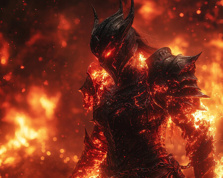 Molten female demon emerges, her form aglow as the flames dance around her infernal armor