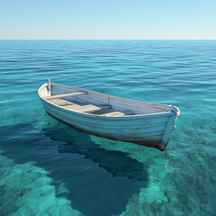 Naklejka premium Lonely Boat Slowly Drifting Through the Expansive Blue Horizon picture