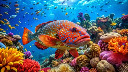 Vibrant Grouper Fish Swimming in Coral Reef with Colorful Marine Life and Clear Blue Water Background