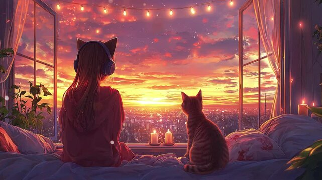 Sunset view with girl and cat, anime style.