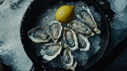 Food blog concept highlighting oysters on crushed ice with lemon wedges. National Oyster Day.
