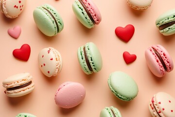 Obraz premium An assortment of colorful macaroons on a powdered sugar base with heart sprinkles
