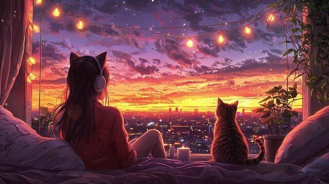 Sunset view with girl and cat, anime style.