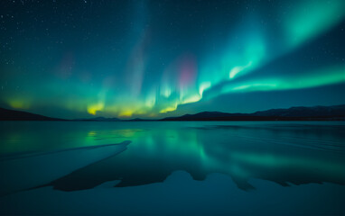 Naklejka premium Stunning winter landscape: the night sky with the northern lights reflected in the water of a mountain lake. Night winter landscape with aurora. Borealis.