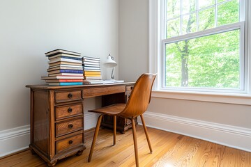 A quiet library corner with an antique wooden desk, and a stack of classic literature waiting to be read