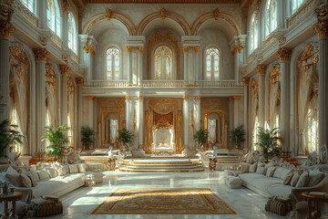 A living room transformed into a grand medieval hall, complete with a throne and suits of armor, symbolizing royal comfort. Concept of fantasy.