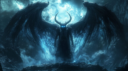 Majestic female demon with wings spread wide, commanding the icy abyss