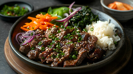 Fototapeta premium A plate of bulgogi with marinated beef and fresh vegetables, captured using an ultra HD camera with a ring light for even illumination