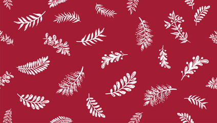 Branches pattern on red, hand drawn, vector.	