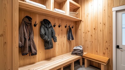Minimalist Scandinavian mudroom with high functionality featuring storage benches and simple hooks for outerwear