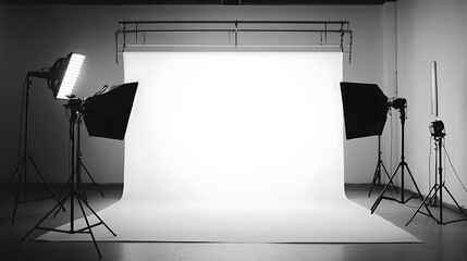 Empty professional photo studio with white backdrop and studio lighting