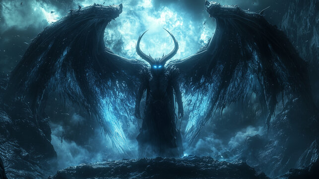 Majestic female demon with wings spread wide, commanding the icy abyss