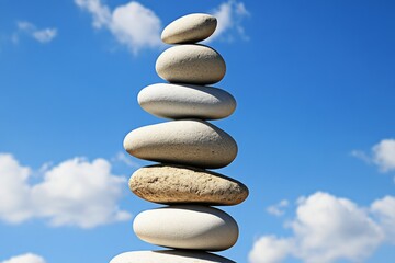 Stacks of stones are balanced precariously against a clear blue sky in this minimalist sculpture