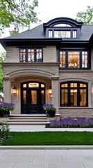 Fototapeta premium The inviting front porch showcases lanterns illuminating dark blue doors, framed by lush lavender flowers and vibrant greenery in planters