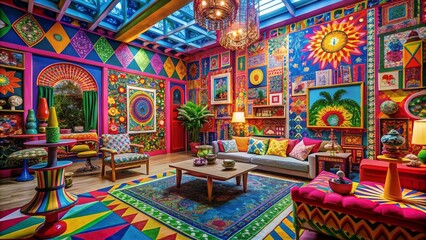Fototapeta premium Vibrant House of Graphics with Colorful Designs, Patterns, and Creative Elements in Modern Space