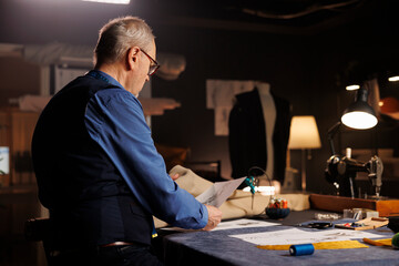 Elderly couturier looking over sketch drawings, preparing to create custom made sartorial garments for comissioning client. Suitmaker conceptualizing outfits following handdrawn drafts