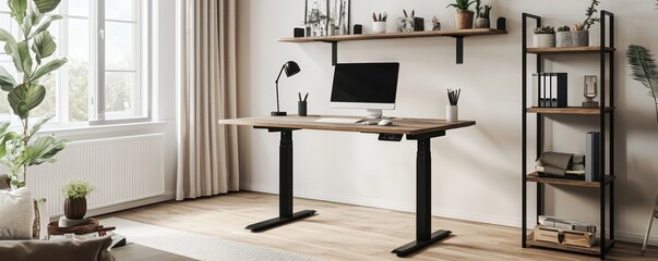 Minimalist Scandinavian workspace with a standing desk, minimalist shelving, and an uncluttered approach to productivity and style