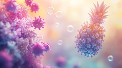 Pineapples surrounded by abstract elements in the water, vibrant and fresh