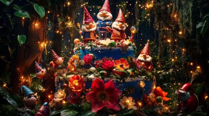 Fototapeta premium Creating a magical garden scene with edible gnomes, colorful mushrooms, and vibrant flowers on a whimsical cake.