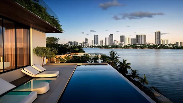 Luxury modern villa with infinity pool overlooking city skyline and waterfront, showcasing contemporary architecture and upscale lifestyle.

