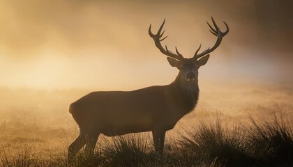 Fototapeta premium Red deer stag silhouette in the mist . steam comes out of his mouth 