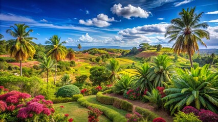 Vibrant Madagascar Landscape with Lush Greenery and Unique Flora Against a Clear Blue Sky Background
