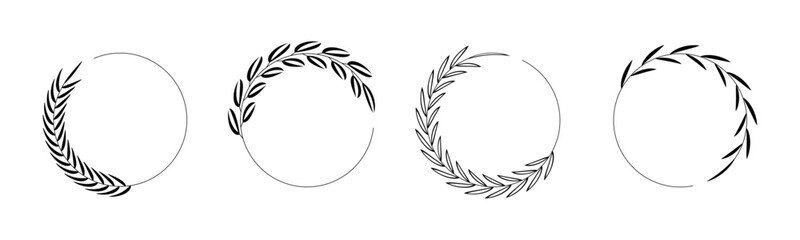 Set of black laurels frames branches with circle borders on transparent background. Hand drawn collection laurel leaves decorative elements. award, Leaves, invitation decoration, swirls, ornate