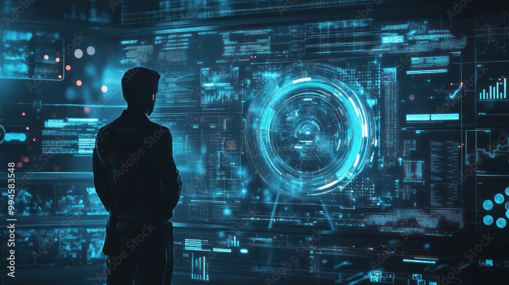 Poster silhouetted figure facing large digital interface
