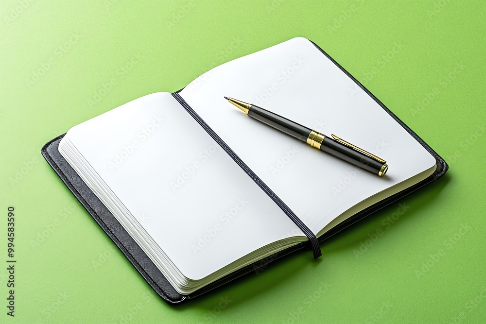 Poster A single open notebook with a pen lying across the page, ready to be filled with ideas
