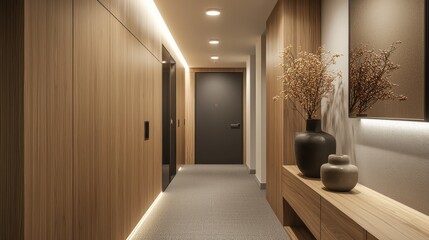 Modern Scandinavian corridor with streamlined wooden storage, hidden door panels, and recessed lighting