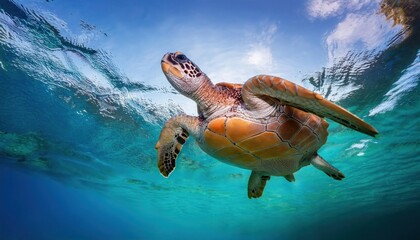 Obraz premium a turtle swims in the clean clear water. beautiful underwater world.