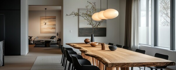 Modern Scandinavian dining room with an elongated wooden table, sleek black chairs, and a statement light fixture