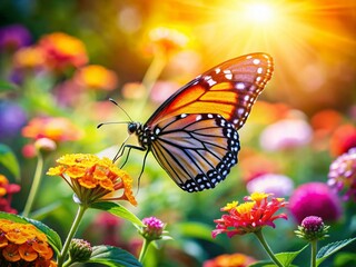 Obraz premium Vibrant Monarch Butterfly Resting on Colorful Flower in a Lush Garden Under Bright Sunlight