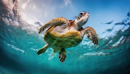 Obraz premium a turtle swims in the clean clear water. beautiful underwater world.