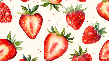 Juicy strawberry watercolor seamless pattern design. Bright red berries, green leaves, flowers. Summer illustration. Packaging, print, background, textile, fabric, digital paper. Sweet bright berries