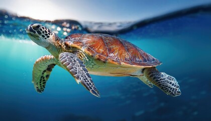 Fototapeta premium a turtle swims in the clean clear water. beautiful underwater world.