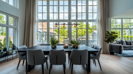 Obraz premium Modern Scandinavian dining space with a black oak table, high-back chairs, and oversized windows that fill the room with natural light