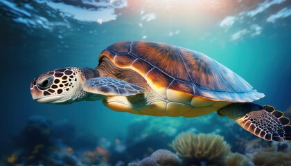 Obraz premium a turtle swims in the clean clear water. beautiful underwater world.
