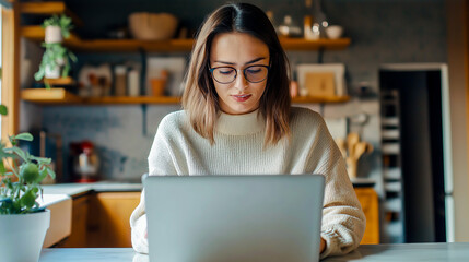 Woman wearing glasses working remotely from her kitchen, engaged in an online meeting on a laptop, home office setup with a functional workspace