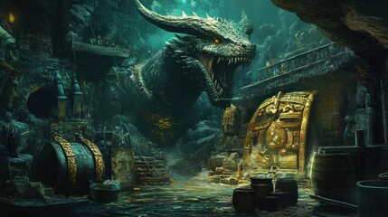 A Green Dragon Guards a Treasured Golden Gate in a Misty Cave