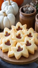 Fototapeta premium Carved white sugar cookies shaped like autumn leaves rest on a cream linen tablecloth, surrounded by small pumpkins and a wooden jar with dried flowers, evoking cozy fall vibes